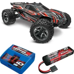 Traxxas 67376-4REDSET1Rustler 4x4 VXL HD 1:10 Brushless Stadium-Truck RTR, rot inkl. Traxxas 3S 5000 Lipo-Akku & EZ-Peak Ladegerät