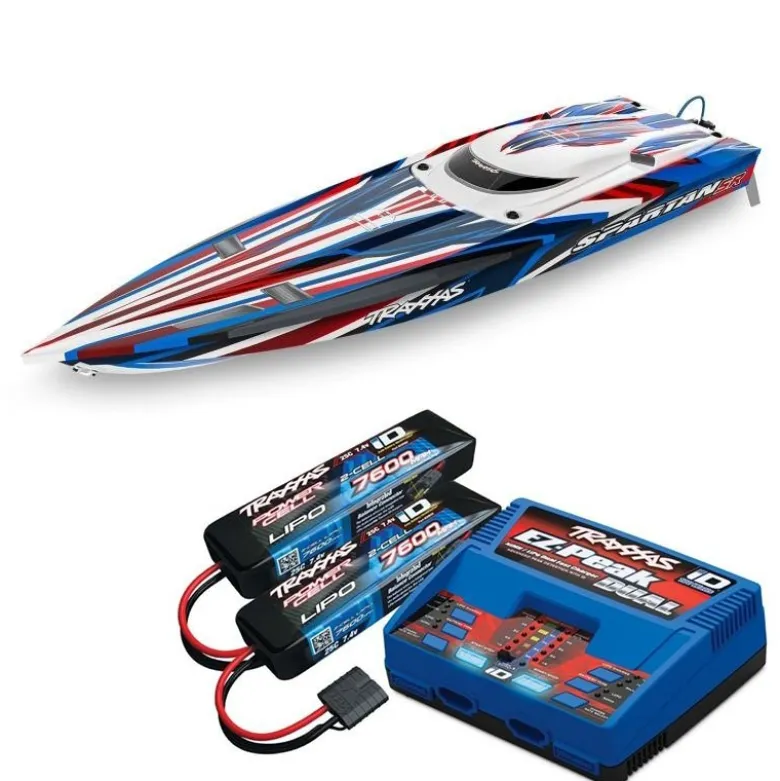 Traxxas 103076-4-REDSET2SPARTAN SR 36-Zoll Rennboot Brushless RTR, rot Set 2 mit Traxxas Duo Ladegerät + 2x 2S LiPo-Akku 7600mAh